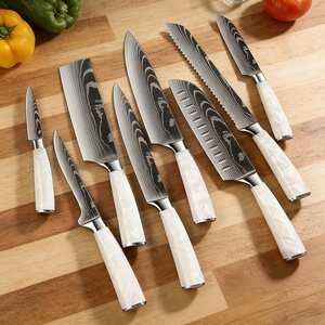 Ensemble de 9 couteaux de cuisine professionnels, manche en résine blanche nacrée, motif damas, acier inoxydable, pour restaurant et hôtel - Product Image 3
