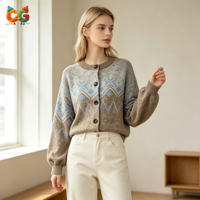 CG Custom Private Label Ladies Vintage Fair Isle Knit Cardigan Snowflake Diamond Jacquard Drop Shoulder Sweater Coat OEM ODM
