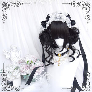 DM Women's Full Head Wig Black Short Straight Cosplay Hairpiece With Floral <b>Bun</b> Glueless Kanekalon Fiber Henan Origin - Product Image 5