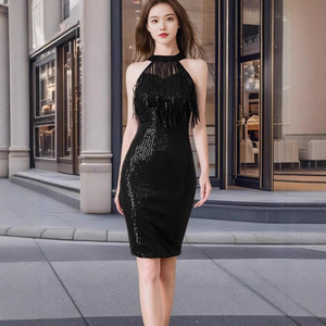 Robe de soirée mi-longue sans manches à col halter, à sequins et franges, avec superposition transparente - Product Image 2