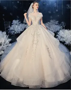 Đẹp may trên pha lê hạt Wedding Dress Wedding Dress Bridal Gown trắng ren Ghana Wedding Dresses với dài trailing