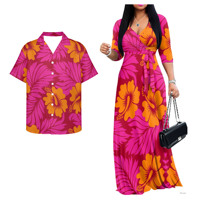 Tenues de couple roses populaires, robe à motif floral pour femmes, robes maxi élégantes, chemises Puletasi pour hommes, vêtements de plage Lava Luau