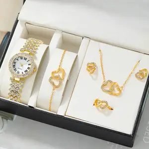 Casual Leather Quartz WristWatch Bracelet Necklace Ring Earrings Gifts 6pcs Women Watch Set for Women