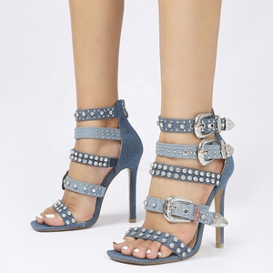 Women Back Zipper Shoes Rhinestone Studs High Heels Summer Square Toe Metal Buckles Denim Customized <b>Sandals</b> - Product Image 1