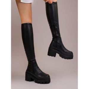 Bottines mi-mollet pour femmes, bout rond, talons épais, plateforme, antidérapantes, doublure en PU, pour les fêtes, Thanksgiving, Nouvel An - Product Image 5