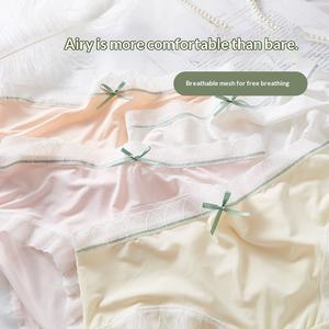 Culotte Hipster Grande Taille en Soie Glacée Effet Seconde Peau, Entrejambe en Coton, Sexy, Sans Traces, avec Nœud en Dentelle, Respirante, Unie, Quotidienne, Été, Taille Mi-Haute - Product Image 3