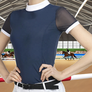 Camiseta de equitación profesional para mujer, de algodón, ajustada, con ribete de encaje, manga corta, formal - Product Image 2