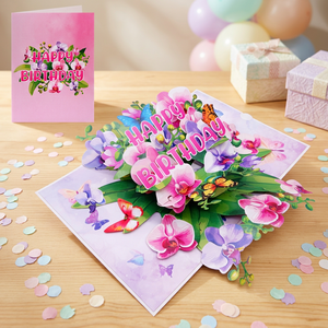 Carte de vœux 3D pop-up orchidée Viet-craft Joyeux Anniversaire avec papillons et fleurs, écologique et personnalisable pour les fêtes - Product Image 3