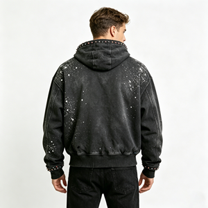 Felpa con cappuccio vintage lavata con borchie e <span class=keywords><strong>schizzi</strong></span> <span class=keywords><strong>di</strong></span> vernice, con zip, taglie forti, con lettere in ciniglia, stile streetwear, all'ingrosso dal produttore - Product Image 3
