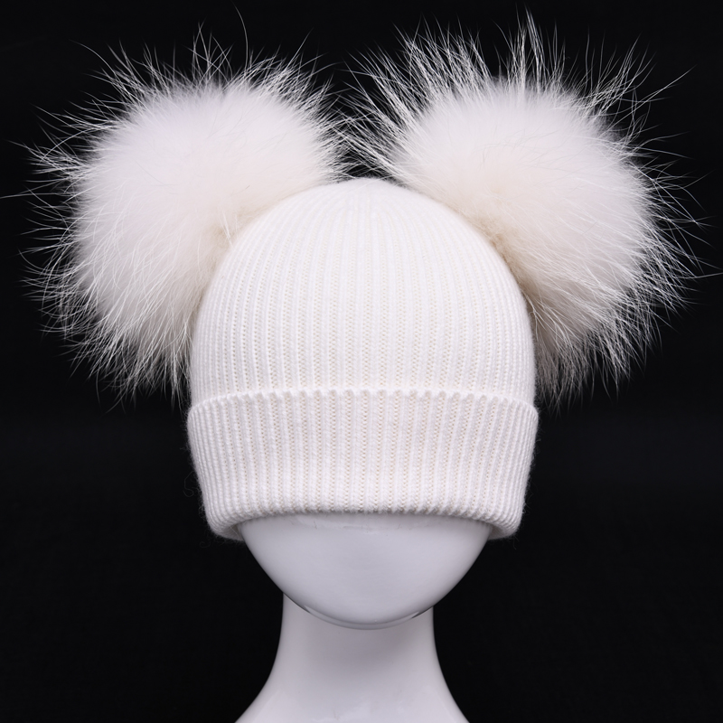 Gorros de ganchillo hechos a mano con bola de pelo de mapache para niños, gorro de lana con pompón