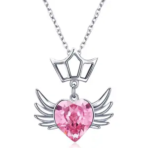 BAGREER SCN310 Wholesale Pink Glass Heart Pendant With Crown Silver Chian Short Angel Wings Necklace For Women