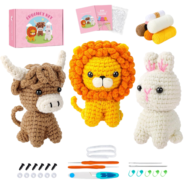 KIVA K-1340 Gifts for Crochet Lovers DIY Animal Dinosaur Crochet Kit with Video Tutorial Cute Weaving Keychain for Beginners