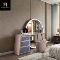 Ensemble commode de maquillage rose et Offre Spéciale lumineuse de luxe en bois massif coiffeuse en métal incrusté avec grand miroir rond et tiroirs