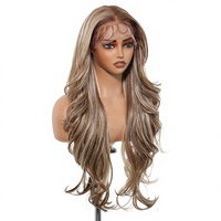 Perruque synthétique 13x6 Lace Front longue bouclée dégradée brun clair ondulée pour femme, avec ligne de cheveux naturelle, pour usage quotidien