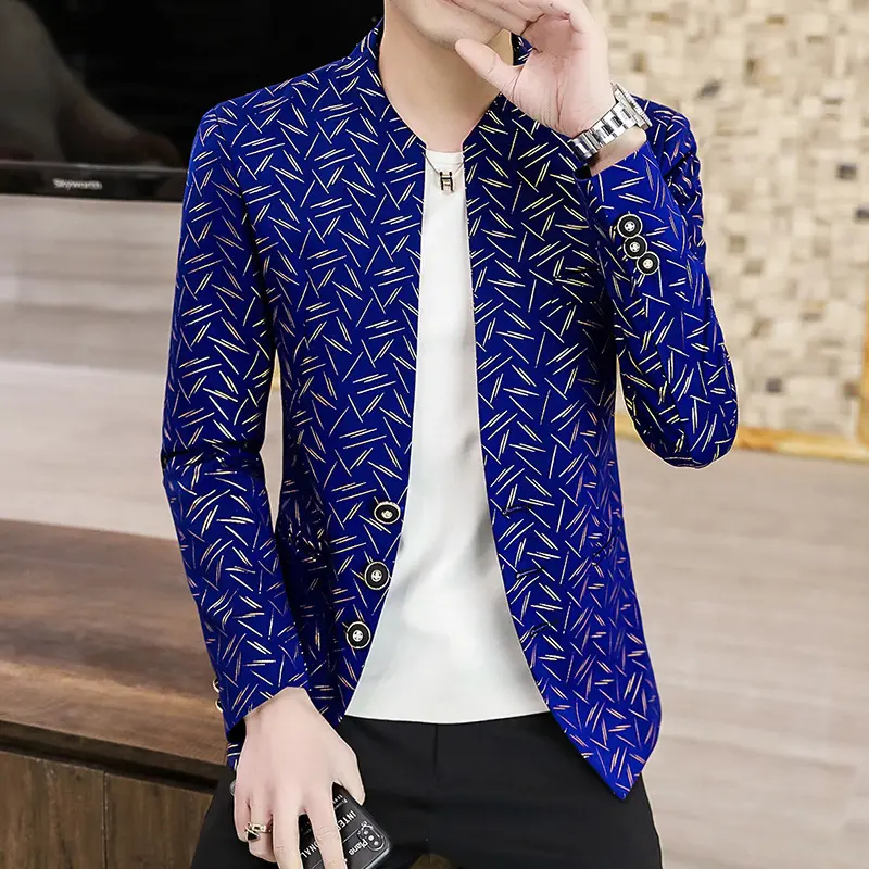 Men blazer suit Printed Slim Stand Collar Casual mens suit Thin Jacket Youth costumes suits