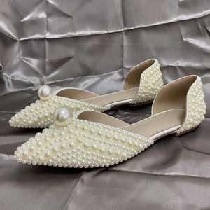 Chaussures plates blanches pour mariée, sandales à talons bas pour femme, chaussures de fête, avec perles, direct usine - Product Image 2