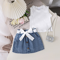 Conjunto de Ropa de Verano para Niña 4T, Chaleco de Algodón de Color Sólido con Encaje y Falda Vaquera, Nuevo Modelo de Comercio Exterior Transfronterizo