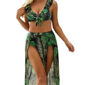 Traje de Baño de Dos Piezas con Estampado de Hojas en Color Sólido, Sexy, Talla Grande, Cuello en V, Cintura Alta, para Mujer - Product Image 4