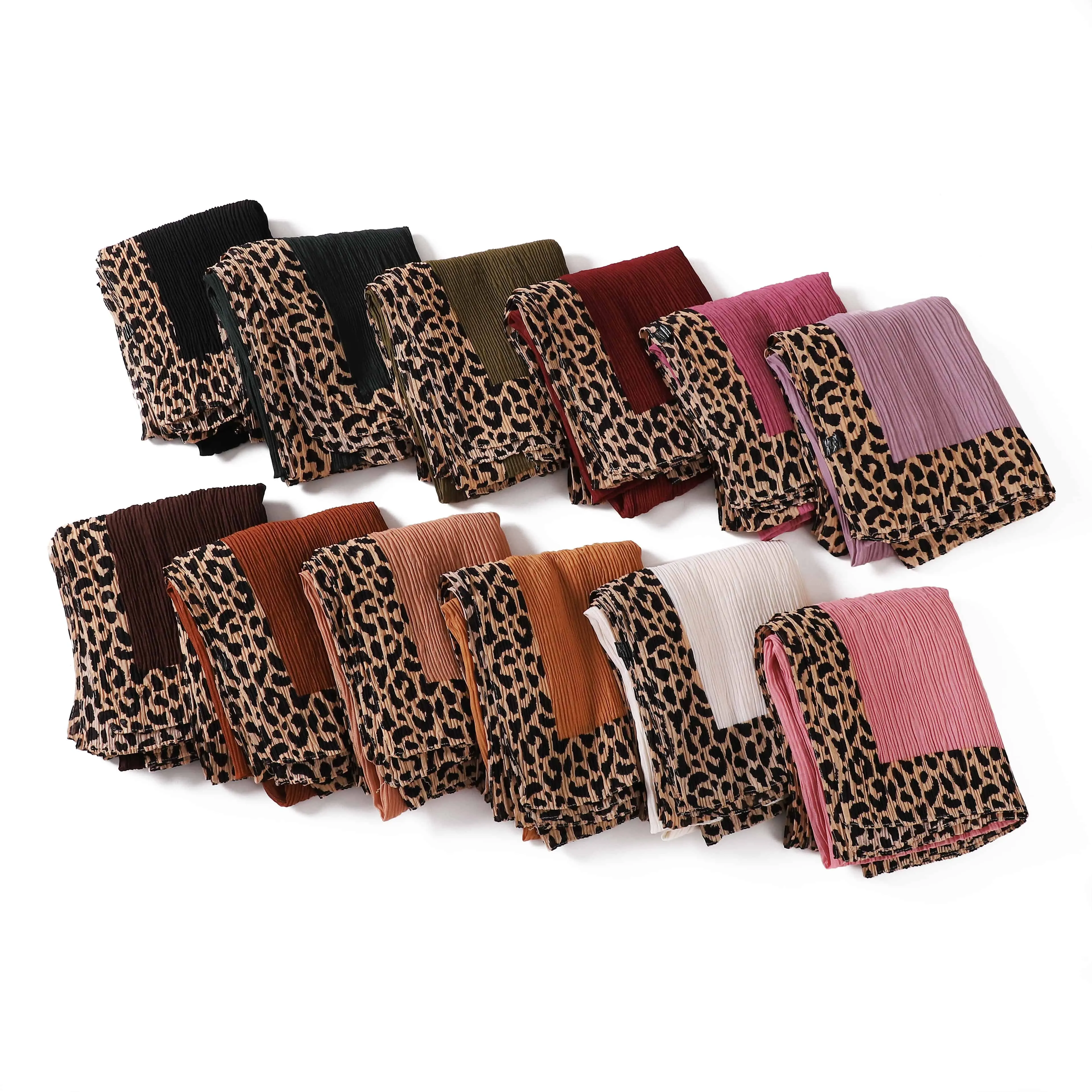 Stylish Elastic Elegant Solid Color Breathable Thin Long Scarves Women Leopard Pleated Hijab Crinkle Shawl Cotton Scarf