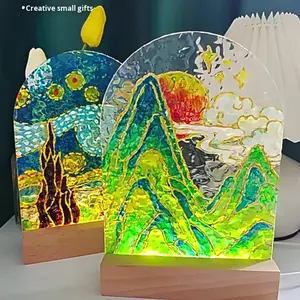 لوحة زجاجية حديثة يدوية الصنع بتأثير تموجات الماء مع إضاءة، مجموعة مواد الرسم الأكريليك الصغيرة - Product Image 3