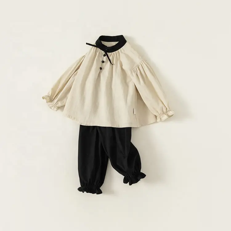 Осенний детский хлопковый комплект из 2 предметов, рубашка контрастных цветов с пышными рукавами и брюки для девочек