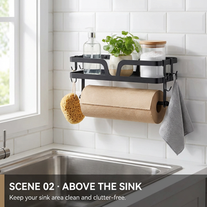 JIABEIHAO Étagère de rangement murale 3-en-1 pour cuisine avec <span class=keywords><strong>porte</strong></span>-serviettes et crochets, acier au carbone, noir mat - Product Image 3