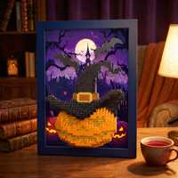 Topi Penyihir Labu Halloween Plastik ABS DIY Mainan Blok Bangunan Model Perakitan Bingkai Foto Lukisan Puzzle 3D Dekorasi Liburan