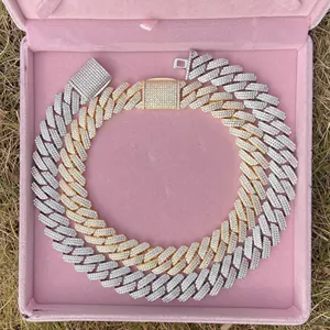 Grosir 14k emas putih berlian dipotong tali rantai-Perhiasan Hip Hop Berlian Lapis Emas Cz, Perhiasan Hip Hop Berlian Lapisan Emas 14K 18K Lebar 19Mm, Rantai Tautan Kuba