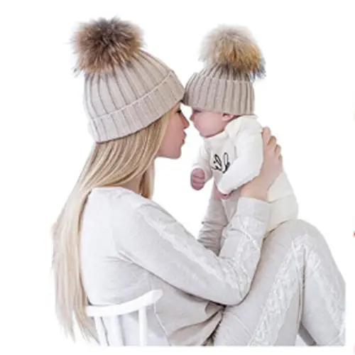 Topi Rajut Bayi dan Ibu, Topi Olahraga Rajut Musim Dingin dengan Pom Pom