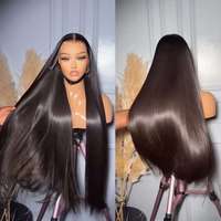 Perruque de cheveux humains lisses de 30 pouces, perruque frontale en dentelle HD transparente 13x6, cheveux longs et raides noirs naturels, perruque sans colle pour femmes