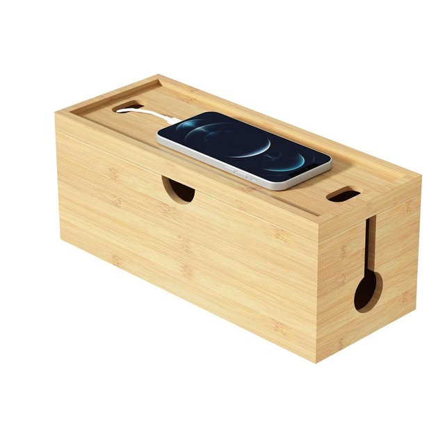 Bamboo Cable Management Box to Hide Wires Power Strips for Desktop Storage Cord Holder Wood Organizer