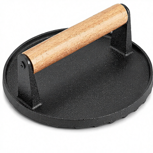 Cast Iron Grill Press with Wooden Handle Weighted Non-Stick Eco-Friendly for <b>Meat</b> Hamburger Patty Smash Burger Bacon Steak - Product Image 1