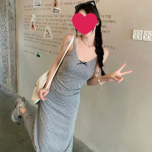 Qizhuang Spicy Suspender Dress Gray Polka Dots Tight Waist Spaghetti Strap Backless Mini Skirt Casual Wear - Product Image 3