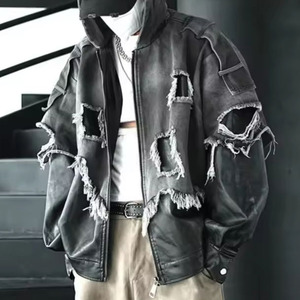 Blouson Bomber en Jean Personnalisé pour <span class=keywords><strong>Homme</strong></span> – Collection Automne <span class=keywords><strong>Hiver</strong></span> – Style Streetwear Hip Hop – <span class=keywords><strong>Manteau</strong></span> à <span class=keywords><strong>Capuche</strong></span> en Cuir Effet Vieilli avec Empiècements - Product Image 1