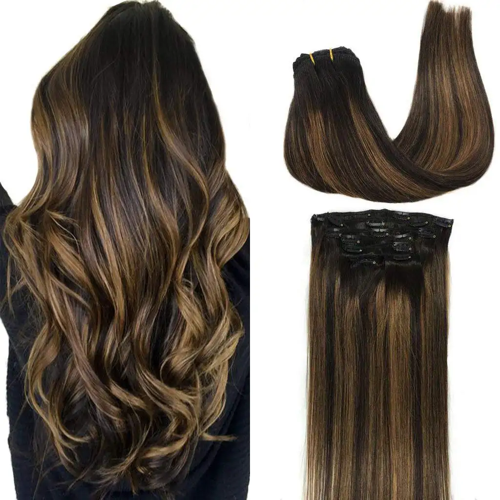 Clip in Human Hair Extensions, 18 Inch 120g 7pcs Dark Brown to Chestnut Brown Balayage Hair Extensions Clip In Human Hair