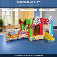 Structure gonflable avec toboggan, thème bande dessinée, écologique, garantie 3 ans, couleur et logo personnalisables, location pour fêtes d'enfants, usage commercial