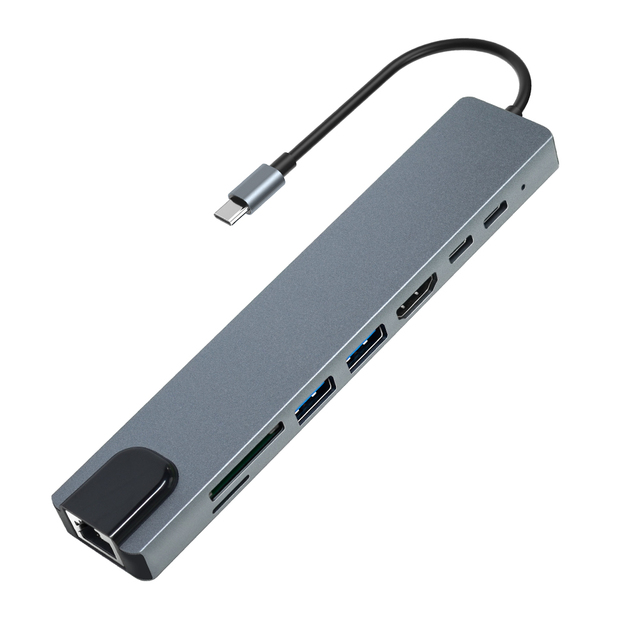 High Quality 8 in 1 Type-C Hub Multiport Dock Station with 4K HDMI USB3.0 RJ45 SDTF USB-C PD Charging Adapter 8 Ports USB C Hubs