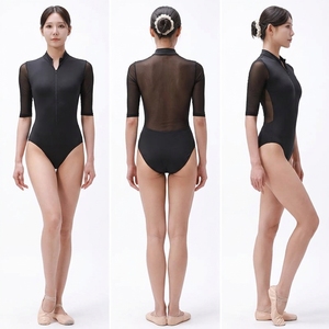 Zip Front <b>Stand</b> Collar Mesh 3/4 Sleeve Adult Ballet Leotard Sheer Mesh Back Women Dance Bodysuit - Product Image 2
