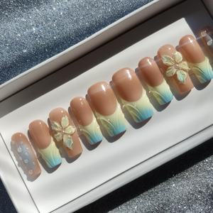 Verano Shell mariposa hecho a mano acrílico prensa uñas lujo almendra ataúd ojo de gato Stiletto estilo francés cubierta completa pegamento dedo - Product Image 4