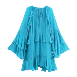 Ropa de Mujer, Nuevo Vestido Corto con Cuello de Lazo Francés y Mangas de Trompeta con Volantes para Otoño - Product Image 5