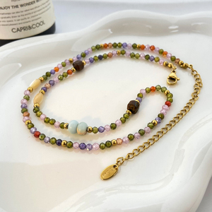 Collier bohème rétro couleur mélangée pierre naturelle oeil <span class=keywords><strong>de</strong></span> tigre pierre coquille Zircon collier <span class=keywords><strong>de</strong></span> perles collier en acier inoxydable accessoires pour femmes - Product Image 3