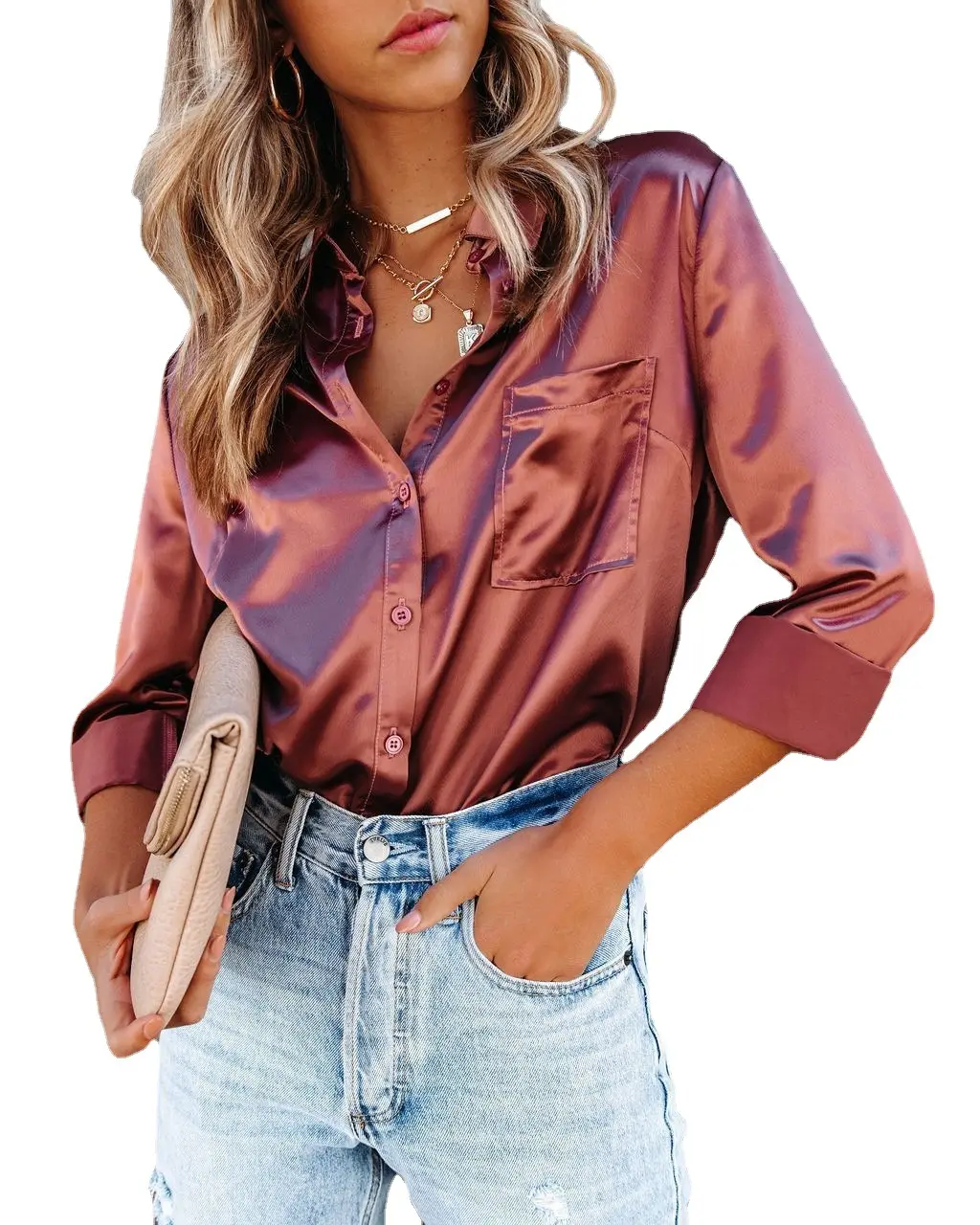 lady plus size women's blouses & shirts new arrival solid casual women shirt top hot sale long sleeve satin shirt