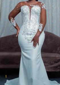 2025 árabe Aso Ebi vestido de novia de talla grande cosido a mano perlas encaje bordado blanco satén sirena vestido con mangas completas para novia - Product Image 2