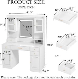 Tocador con espejo y lámpara, toma de corriente, con cajones y armarios, 3 modos de iluminación con brillo ajustable, dormitorio, blanco - Product Image 2
