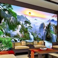 Papier peint mural paysage chinois pour décoration de salon, élégant paysage naturel, cascade, coucher de soleil, papier peint autocollant
