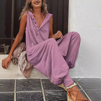 Combinaison pantalon ample sans manches à capuche boutonnée pour femme, style streetwear européen et américain, en polyester, collection 2026