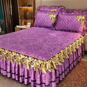 Conjunto de cama luxuoso de renda bordado veludo saia de cama engrossado king size para o inverno