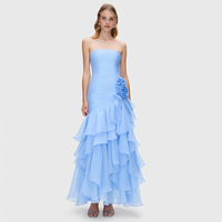 Nouvelle Robe Midi Femme Bleu Clair Sans Bretelles, Bustier Plissé, Volants Asymétriques Superposés à Motifs Floraux 3D, Vente en Gros Personnalisée