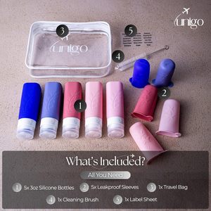 Botellas de Viaje Unigo a Prueba de Fugas, Paquete de 5, 3 oz, Aprobadas por la TSA, Recipientes para Artículos de Tocador, Libres de BPA, Recargables, Color Morado - Product Image 2
