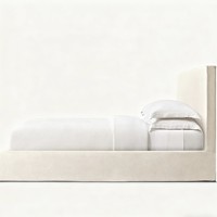 Lit plateforme luxueux et confortable avec tête de lit haute en tissu lin beige, taille personnalisable, garantie 3 ans, style moderne classique pour chambre à coucher